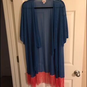 LuLaRoe Blue Kimono with Pink Fringe